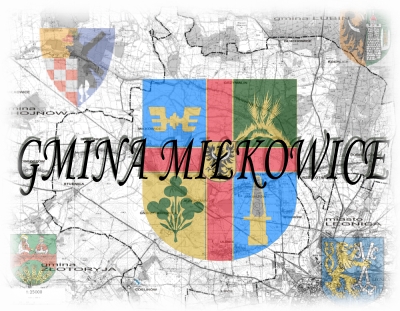 Grafika przedstawia duży herb gminy Miłkowice i mniejsze herby sąsiednich gmin